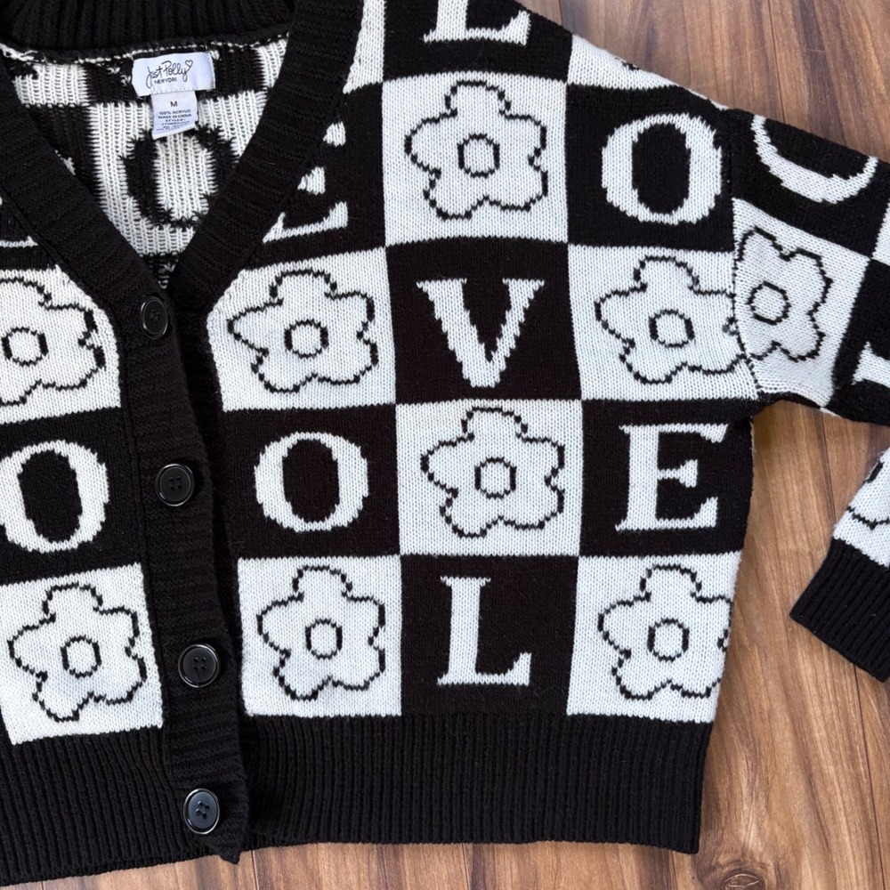 Just Polly NY Checkerboard Cardigan LOVE‎ Floral Graphic Knit M - Picture 2 of 7